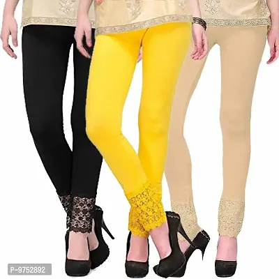 Fablab Women's Leggings with lace Inserts at Bottom Combo Pack of 3(LACE-LEGGI-3-B,Y,Be, Black, Yellow,Begie, Fit to Waist Size BTW.26 inch to 32Inch)
