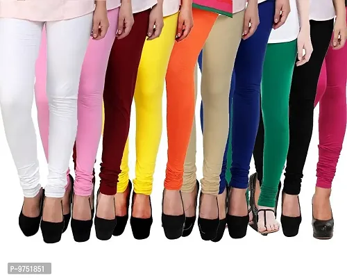 Fablab Women?s Churidar Leggings,Cotton Lycra,Combo Pack of-10 (White,Lightpink.Maroon,Yellow,Orange,Beige,Blue,Green,Black,Pink,Fit to Waist Size-26inches-34inches)-thumb0