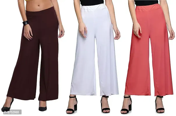 Fablab Women's Synthetic Malai Lycra Palazzo Pants for bottom wear (SynPlz3BWPe,Black,White,Peach,Free Size) Combo Pack of 3