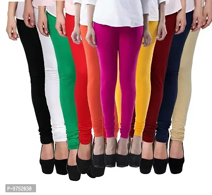 Fablab Women's Ladies/Girls/Cotton Lycra Churidar Leggings Combo Pack of 10 (Freesize,Black,White,Green,Red,Orange,Pink,Yellow,Maroon,Nevyblue,Beige).