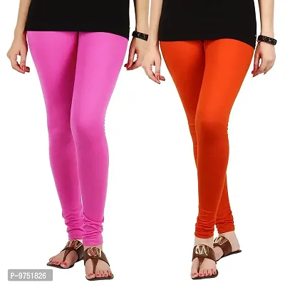 Fablab Cotton Lycra Churidar Leggings(FLCLCOMBO2PO,Pink, Orange,Free Size) Combo Pack of 2-thumb0