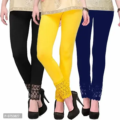 Fablab Leggings with lace Bottom for Girls Combo Pack of 3(LACE-LEGGI-3-B,Y,Nb, Black, Yellow,Navyblue, Fit to Waist Size BTW.26 inch to 32Inch)
