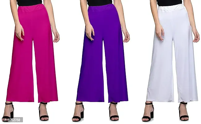 Fablab Women's Stretchy Malia Lycra Palazzo Pants Pack of 3(SynPlz3PBlW,Pink,Blue,White,FreeSize)