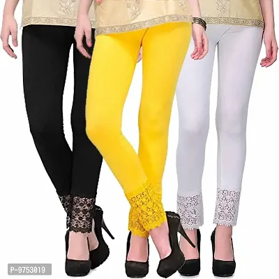 Fablab Net Leggings for Women Stylish Combo Pack of 3(LACE-LEGGI-3-B,Y,W, Black, Yellow,White, Fit to Waist Size BTW.26 inch to 32Inch)