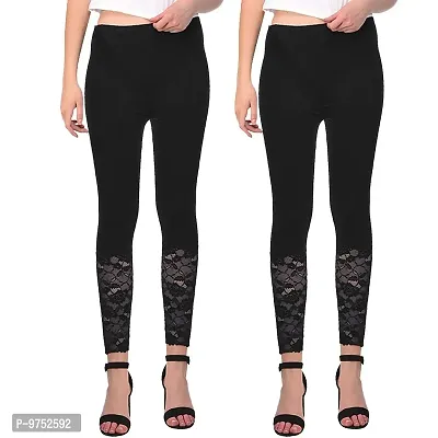 Fablab Women?s Viscose Lycra Slim fit Leggings with lace Bottom Combo Pack of 2 (LONG-LACE-LEGGI-2-BB,Black,Black,Freesize)