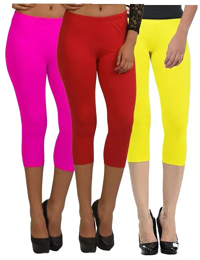 Fablab Women?s Capri Pants_Leggings_Cotton_westernwear(New Capri_CLS_190-3-16PRY,PinkRedYellow,Free Size) Combo Pack of 3.