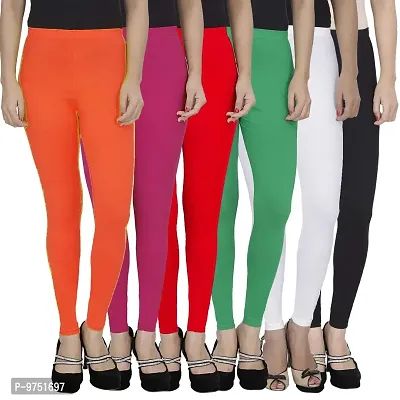 Fablab Women's Cotton Lycra Ankle Length Leggings (ALLCLSC-160-6-10OPRGWB,Free Size, OrangePinkRedGreenWhiteBlack.) Combo Pack of 6.-thumb0