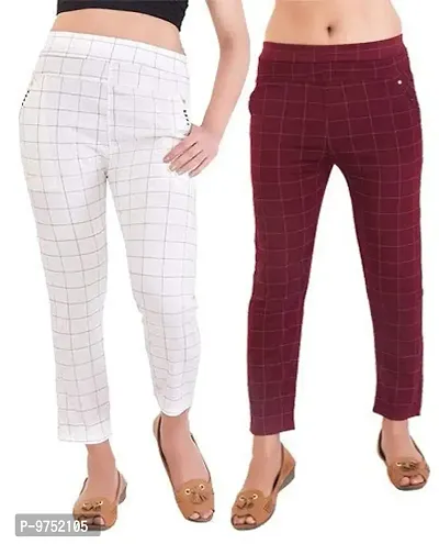 Fablab Women's Slim Fit Jeggings ( CHK2WM _ White & Maroon _ Free Size ) ( Pack of 2 )