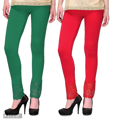 Fablab Women?s Viscose Lycra Ankle Length Leggings with Lace Bottom Combo Pack of 2 (LACE-LEGGI-2-DgR,DarkGreen,Red,Waist-26-34 Inch)