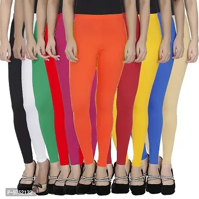 Fablab Women's Cotton Lycra Ankle Length Leggings (ALLCLS-160-10-2BWGRPOMYBlBe,Free Size,BlackWhiteGreenRedPinkOrangeMaroonYellowBlueBegie.) Combo Pack of 10.