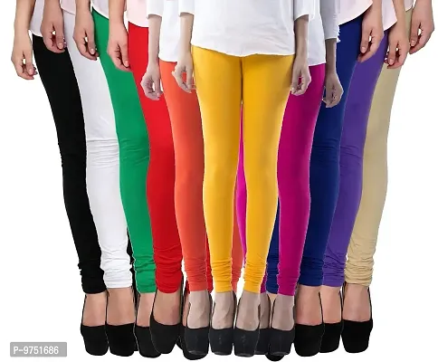 Fablab Women's Churidar Leggings, Cotton Lycra, Combo Pack of 10_(Freesize, Black,White,Green,Red,Orange,Yellow,Pink,Blue,Purple,Beige.)