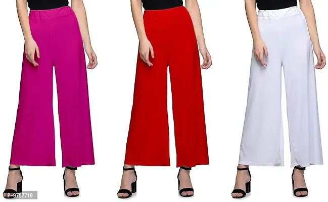 Fablab Women's Synthetic Malai Lycra Palazzo Pants (Pink, Red, White; Free Size) - Combo Pack of 3