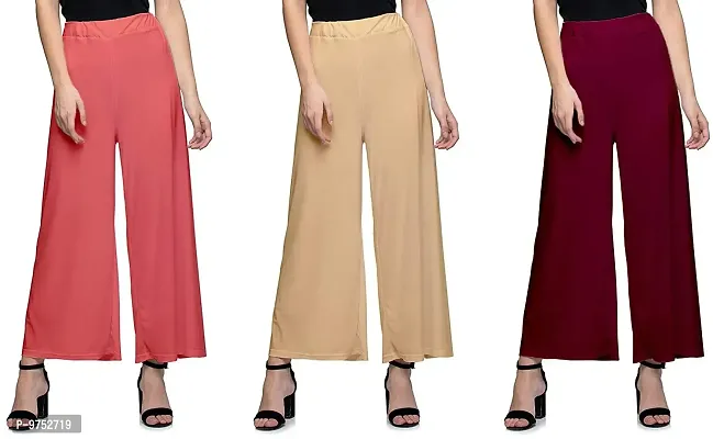 Fablab Women's Synthetic Palazzo for Bottom Wear (Peach, Beige, Maroon; Free Size) - Combo Pack of 3
