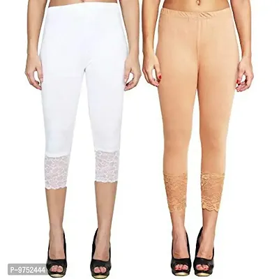 Fablab Women's Viscose Stretchable Calf Length Lace Capri Combo Pack of-2(Lace-Capri-2-WBe,White,Beige,for Waist Size 26 Inch to 34"")