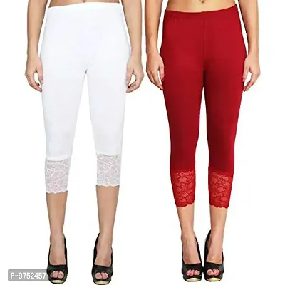 Fablab Women's Viscose Lycra Solid Calf Length Bottom Lace Capri Pack of 2 (Lace-Capri-2-WM;White,Maroon,for Waist Size 26 Inch to 34"")