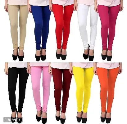 Fablab Women's/Girls Cotton Lycra Churidar Leggings Combo Pack of 10 (Freesize,Black,BabyPink,Maroon,Yellow,Orange,Beige,Blue,Red,White,Pink.)