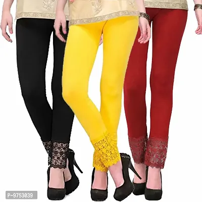 Fablab Leggings with lace Design Combo Pack of 3(LACE-LEGGI-3-B,Y,M, Black, Yellow,Maroon, Fit to Waist Size BTW.26 inch to 32Inch)