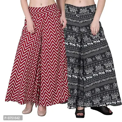 Fablab Women's Crepe Printed Relaxed fit A-Line wide leg divider Palazzo Trousers with Pocket & Inner Lining Combo Pack of 2 (FLPLCRP2-21, Red ZigZag, Black Elephant, Size-XXL)