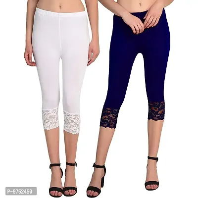 Fablab Women's Viscose Lycra Solid 3/4 Calf Length Leggings with Bottom Lace Pack of 2 (Lace-Capri-2-WNb;White,Navyblue,Waist 24-32 Inches)