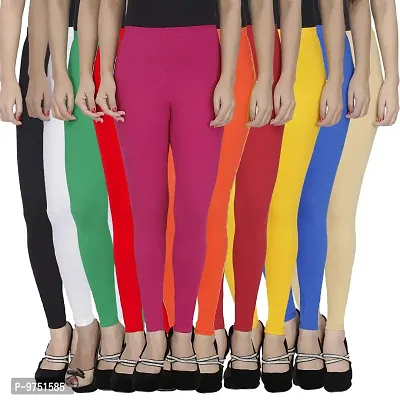 Fablab Women's Cotton Lycra Ankle Length Leggings Combo Pack of -10 (BlackWhiteGreenRedPinkOrangeMaroonYellowBlueBeige,Freesize.)