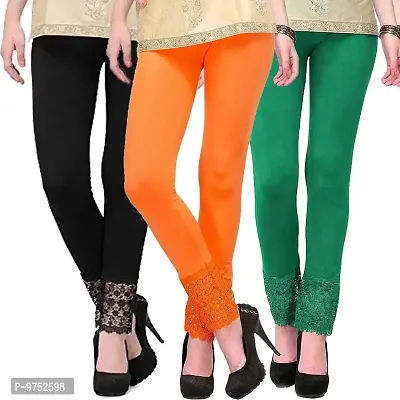 Fablab Net Lace Bottom Leggings for Women(LACE-LEGGI-3-B,O,Dg, Black,Orange,DarkGreen, Fit to Waist Size BTW.26 inch to 32Inch)