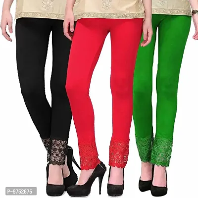 Fablab Ankle Length lace Leggings for Women(LACE-LEGGI-3-B,R,Lg, Black,Red,LightGreen, Fit to Waist Size BTW.26 inch to 32Inch)