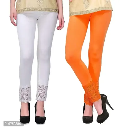 Fablab Women?s Cotton Lycra Premium Leggings with lace Bottom Combo Pack of 2 (LACELEGGI2WO, White,Orange,Freesize)