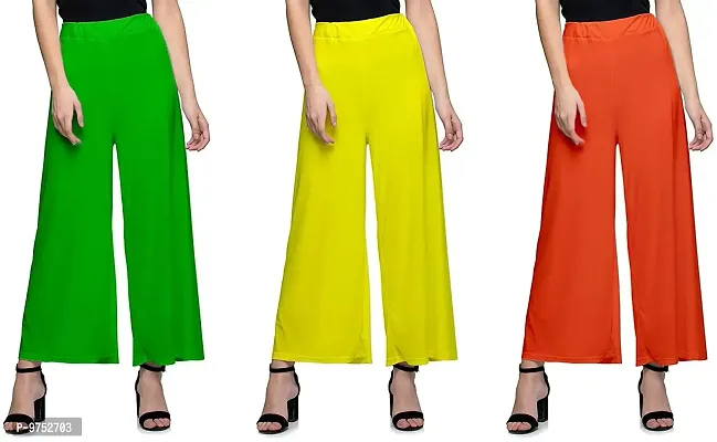 Fablab Women's Stretch Fit Synthetic Palazzo (SynPlz3GYO_Green, Yellow, Orange_Free Size)