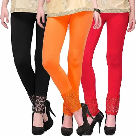 Fablab Women's Lace border leggings Combo pack of 3(Fit to Waist Size btw.26 inch to 32Inch)
