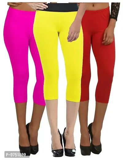 Fablab Skin Tight Capris for Ladies_Women_Girl_WesternWear_Cotton(New Capri_CLS_190-3-18PYR,PinkYellowRed,Free Size) Combo Pack of 3.