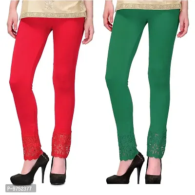 Fablab Women?s Viscose Lycra Ankle Length Leggings with Lace Bottom Combo Pack of 2 (LACE-LEGGI-2-RDg,Red,DarkGreen,Waist-26-34 Inch)