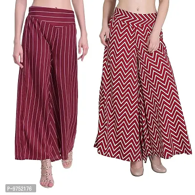 Fablab Women?s Maroon Stripe and Red Zig Zag Print Palazzo Trouser Pant Combo Pack of 2(Waist Size-30Inch)-thumb0