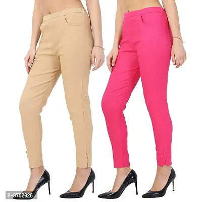 Fablab Women?s LumLum/Cotton Lycra Stretchable Slim Fit Cigarette Pants Pack of 2.(LUM2BeP_XXL,BeigePink,Size-XXL.)
