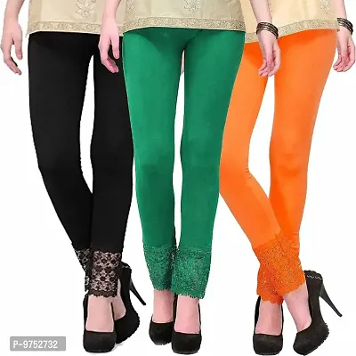 Fablab Women's Leggings with lace Inserts at Bottom(LACE-LEGGI-3-B,Dg,O, Black,DarkGreen,Orange, Fit to Waist Size BTW.26 inch to 32Inch)