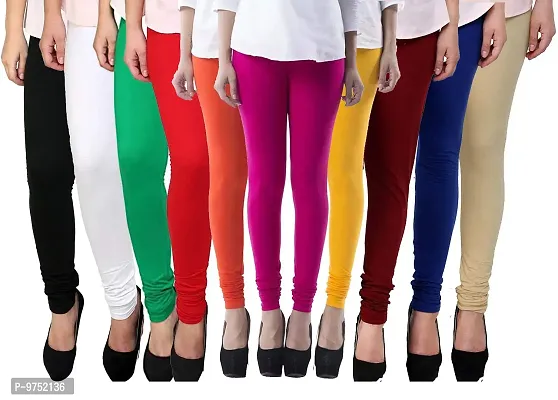 Fablab Women's Churidar Leggings, Cotton Lycra, Combo Pack of 10_(Freesize, Black,White,Green,Red,Orange,Pink,Maroon,Yellow,Blue,Beige.)