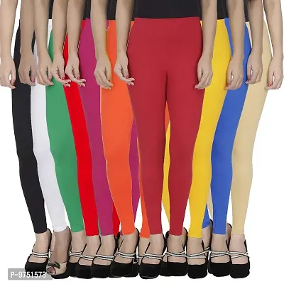 Fablab Women's Cotton Lycra Ankle Length Leggings Combo Pack of -10 (BlackWhiteGreenRedPinkOrangeMaroonYellowBlueBeige,Freesize.)