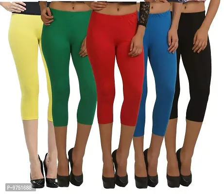 Fablab Women?s Cotton Capri Pants/Leggings westernwear(New Capri_CLS_190-5-26YGRBlB,Free Size,YellowGreenRedBlueBlack) Combo Pack of 5.