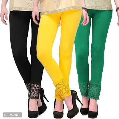 Fablab Women's Ankle Length Leggings with lace Combo Pack of 3(LACE-LEGGI-3-B,Y,Dg, Black, Yellow,DarkGreen, Fit to Waist Size BTW.26 inch to 32Inch)