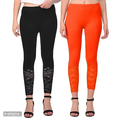 Fablab Women?s Cotton Premium Bottom lace Leggings with Net Combo Pack of 2 (LONG-LACE-LEGGI-2-BO, Black,Orange,Freesize)