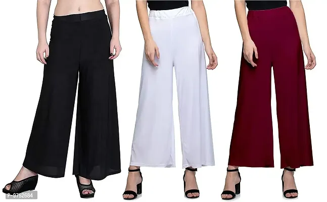 Fablab Women's Synthetic Palazzo/Bottom Wear (Black, White, Maroon; Free Size) - Combo Pack of 3-thumb0