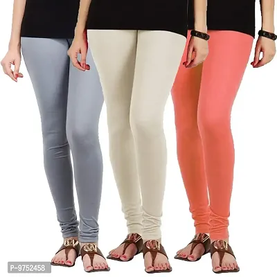 Fablab Cotton Churidar Leggings Combo Pack of 3(Grey,Ivory,Peach,Free Size)-thumb0