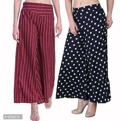 Fablab Women?s Maroon Stripe and Polka Print Palazzo Trouser Pant Combo Pack of 2,(Waist Size-40Inch)