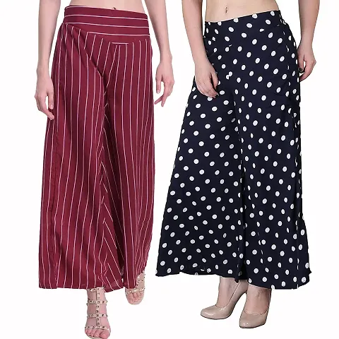 Fablab Women?s Stripe and Zig Zag Print Palazzo Trouser Pant Combo Pack of 2(Waist Size-30Inch)