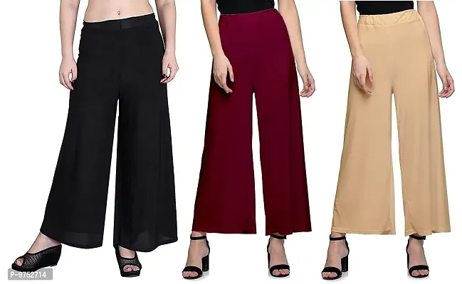 Fablab Women's Synthetic Comfortable Fit Bottom Wear Palazzo (Black, Maroon, Beige; Free Size) - Combo Pack of 3-thumb0