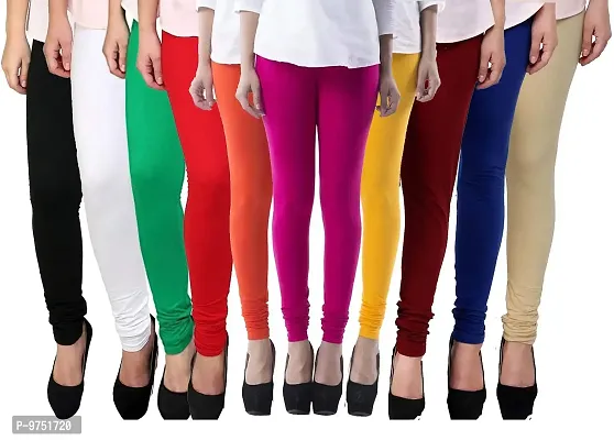 Fablab Women's Cotton Lycra Churidar Leggings Combo Pack of 10 (Freesize,Black,White,Green,Red,Orange,Pink,Maroon,Yellow,Blue,Beige.)