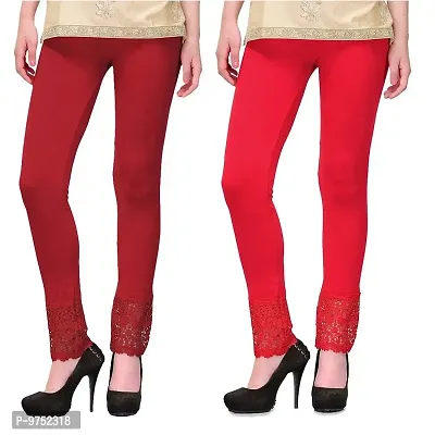 Fablab Women?s Viscose Lycra Ankle Length Bottom Lace Leggings Combo Pack of 2 (LACE-LEGGI-2-MR,Maroon,Red,Waist-26-34 Inch)