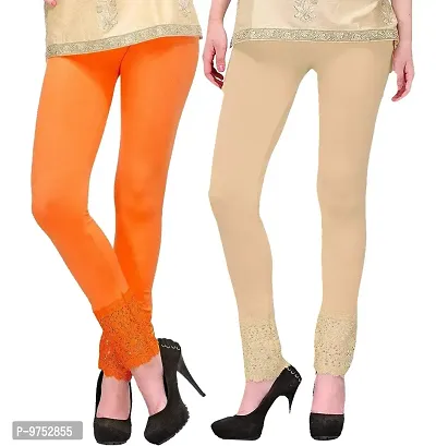 FABOO Women's Cotton Blend Lace Leggings, Solid Regular Leggings with  Bottom Net Design, Skinny Fit Leggy for Casual, Yoga, Joggings, Exercise