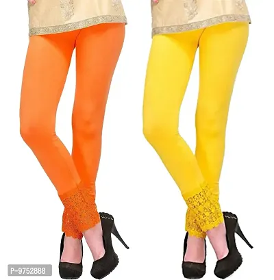 Fablab Women?s Viscose Lycra Designer Bottom Lace Leggings Combo Pack of 2 (LACELEGGI2OY, Orange,Yellow,Freesize)