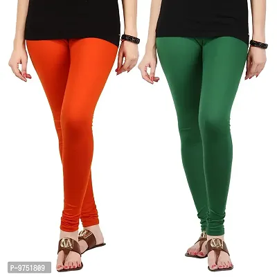 Fablab Cotton Lycra Churidar Leggings(FLCLCOMBO2ODG,Orange, Dark Green,Free Size) Combo Pack of 2