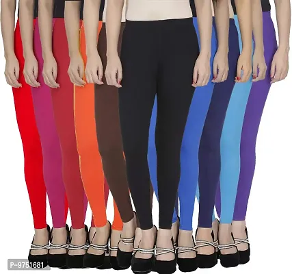 Fablab Ankle Length Leggings for Women_Girl_Ladies_Cotton Lycra (ALLCLS-160-10-12RPMOBBBlNbSbPu,Free Size,RedPinkMaroonOrangeBrownBlackBlueNevyblueSkybluePurple.) Combo Pack of 10.